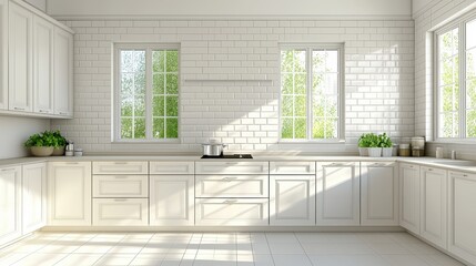 Fototapeta premium Modern White Kitchen Interior Design with Windows and Sunlight