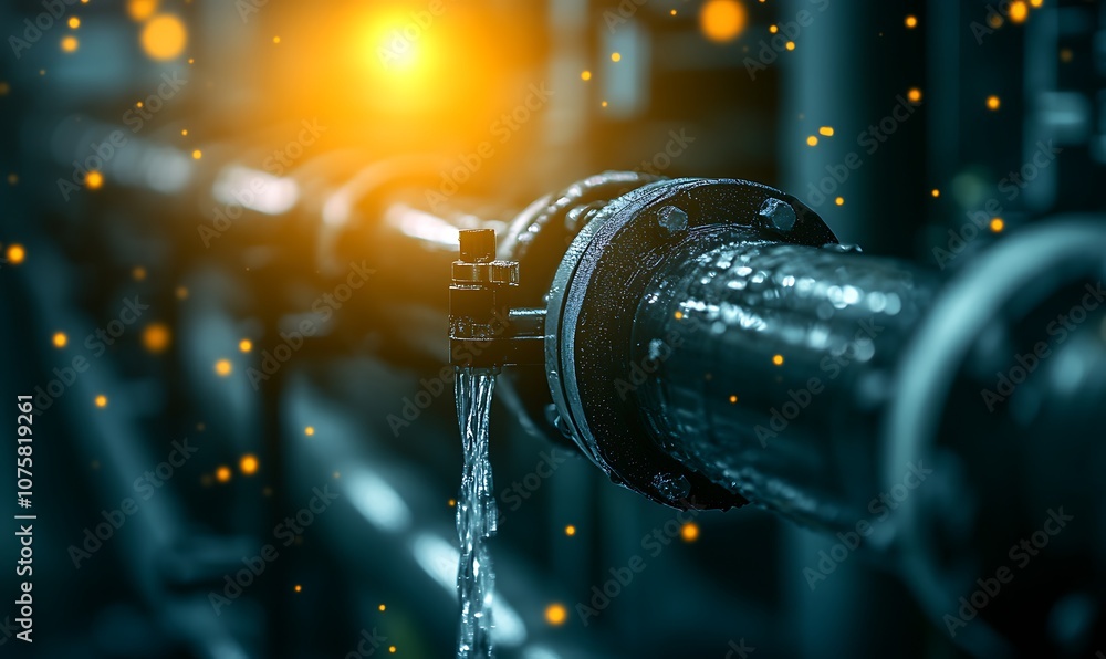 Poster A close-up of a metallic pipe with a drip, illuminated by glowing particles, showcasing industrial design and the dynamic flow of water.