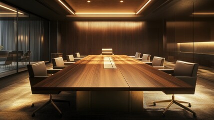 High-resolution photorealistic capture of a spacious boardroom featuring a long wooden table, modern chairs, and soft lighting The high-end, sleek interior is highlighted by the professional color