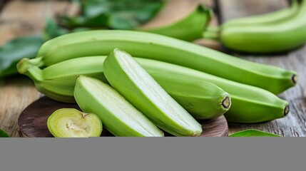Green bananas on a wooden cutting board with green leaves.