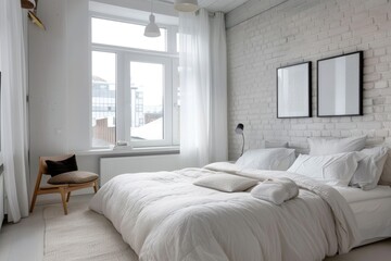 Fototapeta premium Cozy white bedroom with modern decor and a minimalist aesthetic