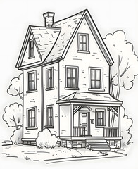 A monochromatic drawing of a spacious house with a porch, detailed windows, and a charming facade. The intricate line work captures the essence of the cottage perfectly