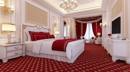 Fototapeta premium Luxurious Bedroom Interior Design with Red Accents and Modern Decor