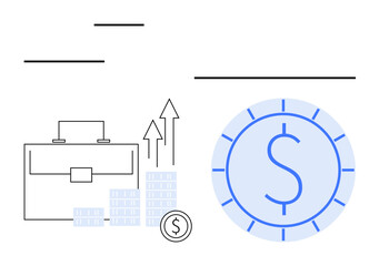 Business briefcase, stack of coins, upward graph arrows, and large dollar sign coin representing financial growth and investment. Ideal for financial planning, business development, investment