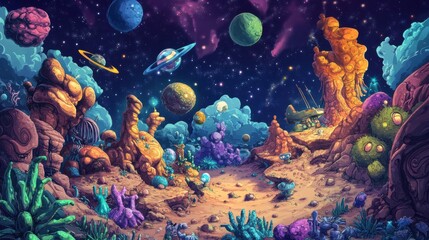 Bright, colorful cartoon space scene with astronauts,