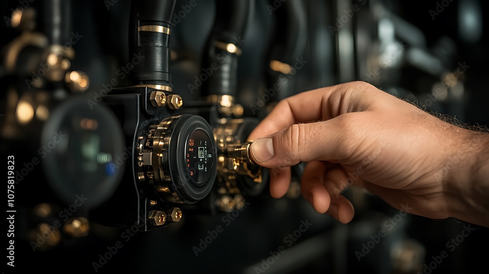 Fototapete a close-up image of a hand adjusting a dial on equipment, featuring metallic components and a focus 