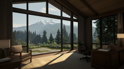 Modern Home Office With Mountain View And Large Window   Interior Design Inspiration