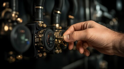 A close-up image of a hand adjusting a dial on equipment, featuring metallic components and a focus on precision mechanics.