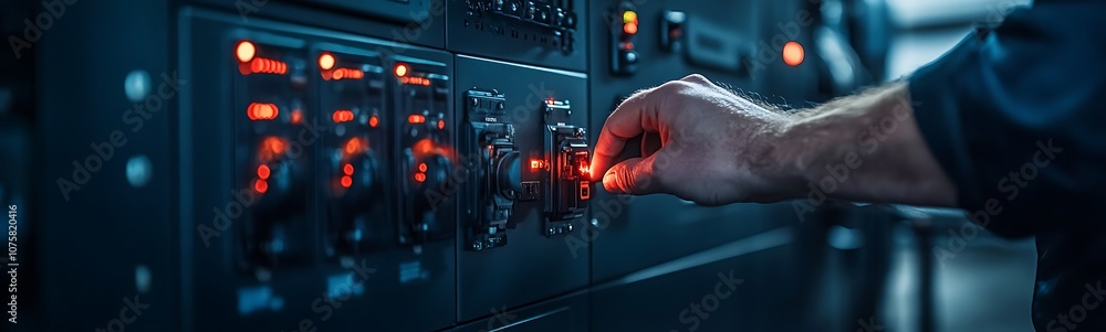 Poster a close-up of a hand adjusting a control panel filled with illuminated switches, showcasing a high-t