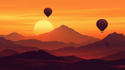 Hot air balloons flying over the mountains in Namibia at sunrise. A desert landscape with sand dunes. 