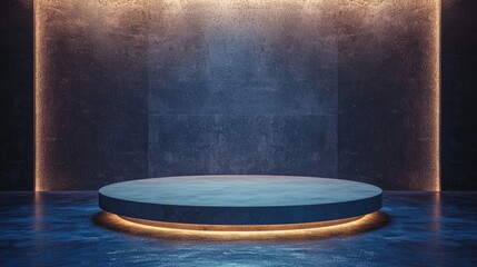 Circular Platform with Glowing Edge in a Dark Room