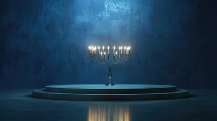 Lit Menorah on a Wooden Platform Against a Blue Wall