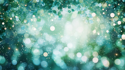 Obraz premium Enchanted Forest Glow: Abstract bokeh background with teal and green foliage, shimmering lights, and a magical, ethereal ambiance. Perfect for fantasy, nature, or whimsical projects. 