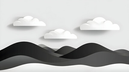 Abstract paper cut mountains and clouds with white background.