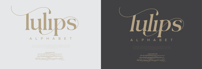 Tulips typography beauty fashion elegant minimalist serif italic fonts decorative wedding vintage retro logos. Minimal luxury font alphabet logo. Vector illustration