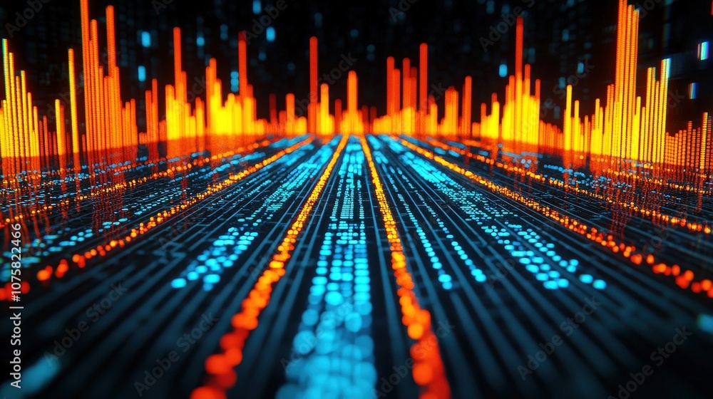 Poster abstract data visualization glowing digital bars and lines