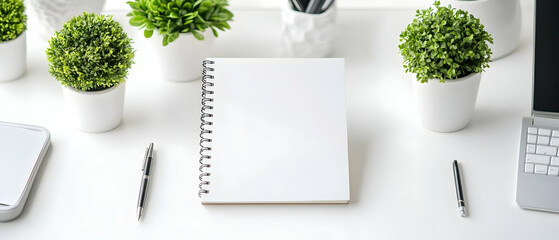 Blank notebook on a white desk with plants, pens and a laptop.
