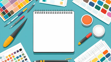Blank notebook surrounded by art supplies, perfect for creative projects and ideas.