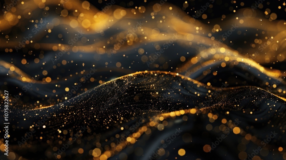 Poster abstract black background bokeh effect with golden waves and golden blurred dust, ai generated image