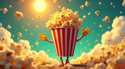 Delightful Character Embodying the Joyous Essence of Popcorn in a Vivid Animated Fantasy World
