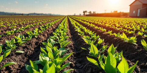 Field planted on a sunny day Agriculture agro industry Innovations technologies