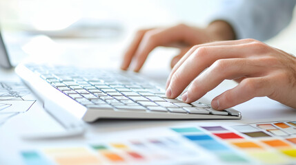 Close up of hands typing on a keyboard with color swatches in the background.