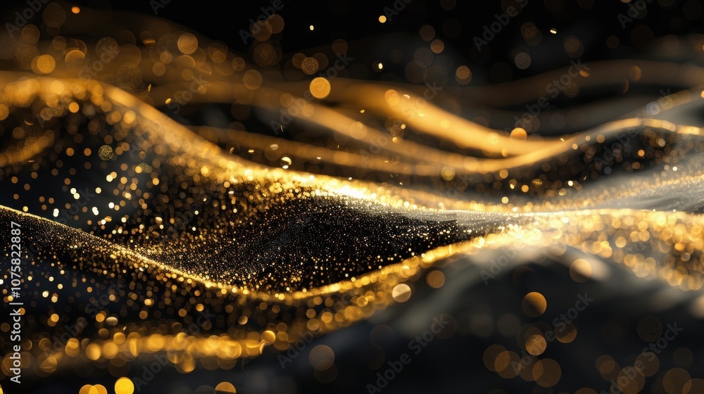 Poster abstract black background bokeh effect with golden waves and golden blurred dust, ai generated image