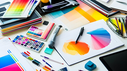 Colorful design tools and supplies on a white desk.