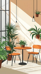 Cozy cafe corner with sunlight streaming in, a small round table and two chairs, surrounded by potted plants.