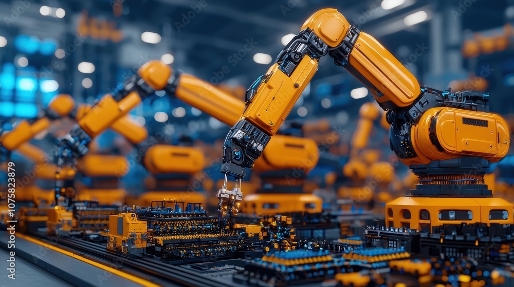 Poster automated assembly line robotic arm soldering circuit boards electronics factory industry