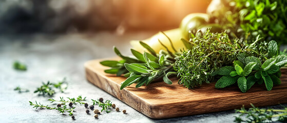 Fresh herbs on a wooden cutting board.