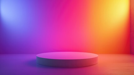 A White Circular Platform Against a Gradient Wall with Purple, Pink, and Yellow Lighting
