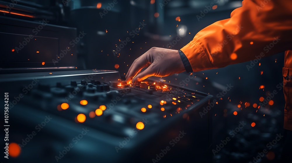 Poster A close-up of a hand adjusting controls on a dark industrial panel, illuminated by glowing lights, suggesting a high-tech or automated environment.