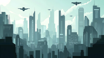Fototapeta premium Futuristic city skyline with flying cars in the sky.
