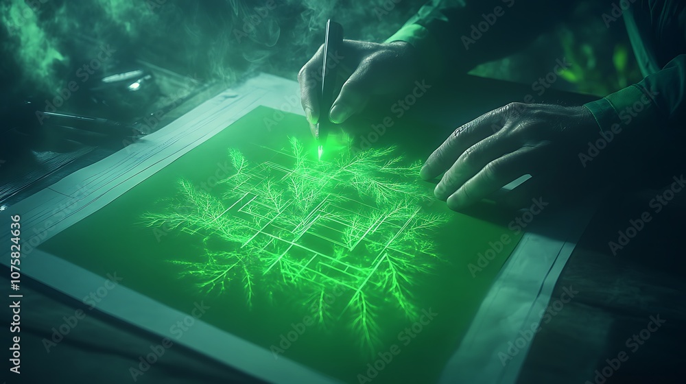 Aufkleber a person sketches a glowing green design on paper, surrounded by an ethereal mist, capturing a blend