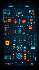 Futuristic interface with glowing buttons and dials.