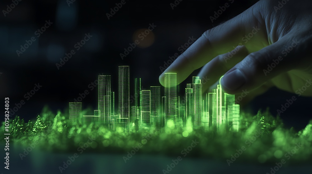 Aufkleber a futuristic miniature city is illuminated in green light, with a hand gently touching the structure