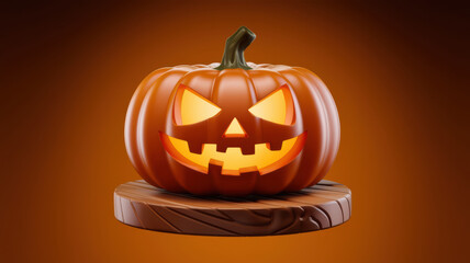 3D render of Halloween jack o lantern with glowing face, set on wooden base, evokes festive and spooky atmosphere