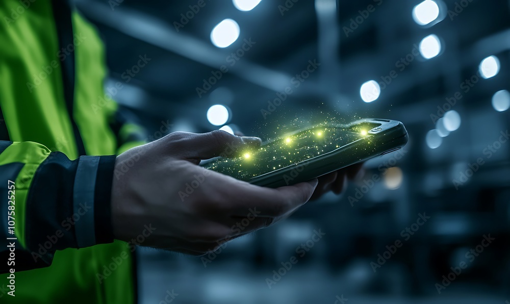 Aufkleber Description
A person in a neon green jacket interacts with a glowing device in a dimly lit industrial setting, showcasing technology and innovation.