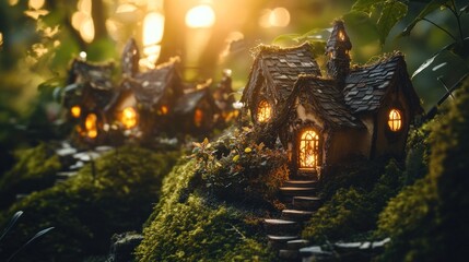 Fototapeta premium Enchanted Fairy House Village at Sunset