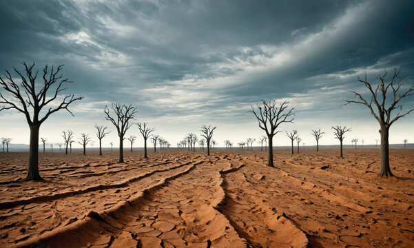 A desolate landscape of dry, cracked earth and bare trees stretches out under a stormy sky