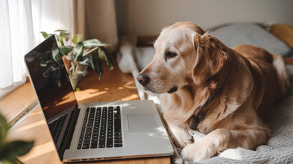 golden retriever lying on bed, curiously watching laptop screen. warm sunlight creates cozy atmosphere, highlighting dog attentive expression