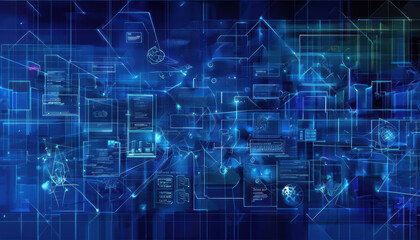 Digital abstract background featuring network of interconnected data and technology elements, ideal for various applications in tech and design