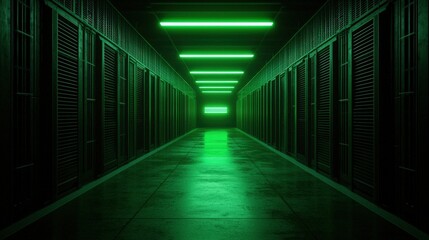 Futuristic Green Neon Corridor with Doors and Glowing Lights