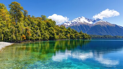 Majestic Mountain Range Reflecting in Crystal Clear Lake with Lush Greenery