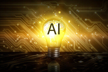 Ai abbreviation and illustration of brain in light bulb against dark background with electronic...
