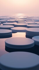 Obraz premium A symmetrical abstract featuring floating circular shapes in pastels, arranged like a zen garden with top-down lighting and soft shadows.