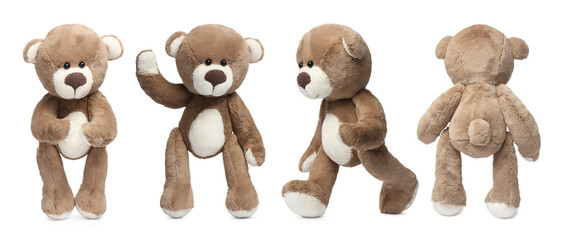 Cute teddy bear isolated on white, collage. Stuffed toy