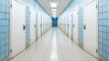 Obraz premium Long Corridor With White Doors and Blue Tiles Modern Interior Design