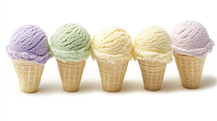 Pastel-colored ice cream cones in a row, featuring